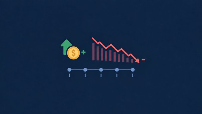 A minimalist financial graphic on a dark blue background showing a green up-arrow with a dollar coin, a plus sign, and a red declining trend chart with a down-arrow.
