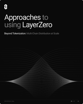 A minimalist black cover page featuring a wave-pattern graphic and the title "Approaches to using LayerZero: Beyond Tokenization: Multi-Chain Distribution at Scale," introducing a document that discusses different scenarios asset issuers face when adopting the OFT standard for cross-chain transfers.