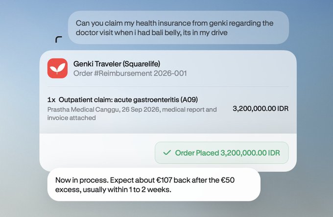 A chat interface screenshot showing a health insurance claim for acute gastroenteritis at Prastha Medical Canggu, with 3,200,000.00 IDR order placed and an expected €107 reimbursement.