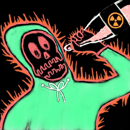 A vibrant digital illustration of a green, multi-eyed monster with jagged teeth being injected with a syringe marked with a radiation hazard symbol.