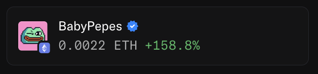 A price ticker for the 'BabyPepes' token showing a price of 0.0022 ETH and a gain of +158.8% in green.