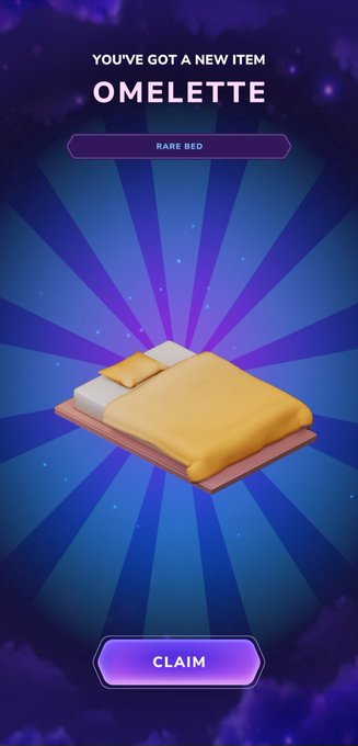A mobile game screen displaying a reward notification with the text "YOU'VE GOT A NEW ITEM OMLETTE" and "RARE BED", showing a 3D rendering of a bed with yellow bedding above a "CLAIM" button.