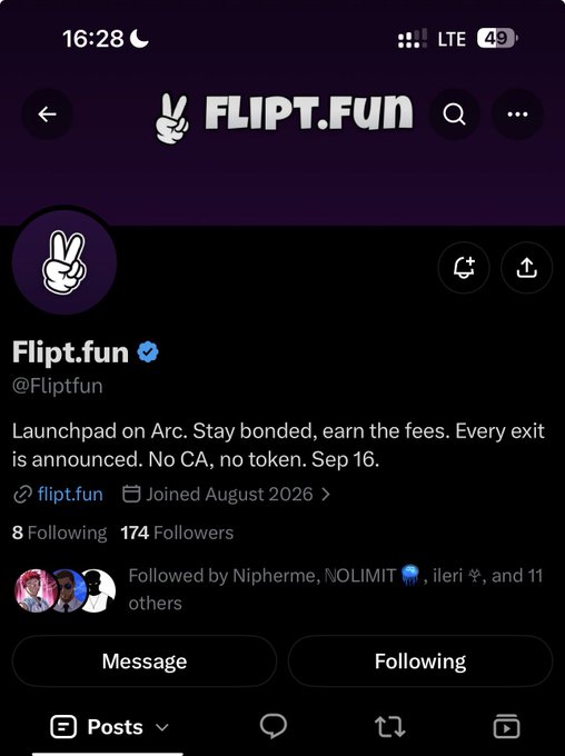 The image shows the X (Twitter) profile page for "Flipt.fun" (@Fliptfun), displaying 174 followers, a description about being a "Launchpad on Arc" with a September 16 launch date, and confirming the user's caption that the project currently has 174 followers, making it an early position opportunity on Arc Network.