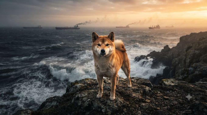 A Shiba Inu dog stands on rocky coastal terrain with crashing waves and a sunset over the ocean in the background.