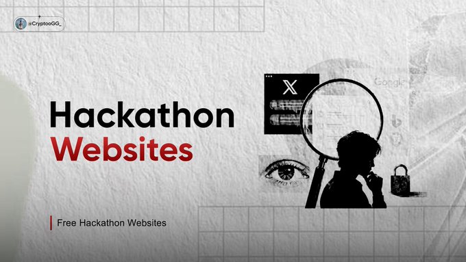The graphic features "Hackathon Websites" in bold text alongside "Free Hackathon Websites," with a silhouette of a person holding a magnifying glass examining a laptop and eye imagery, visually representing the search for hackathon platforms like Devpost, DoraHacks, and Devfolio mentioned in the post.