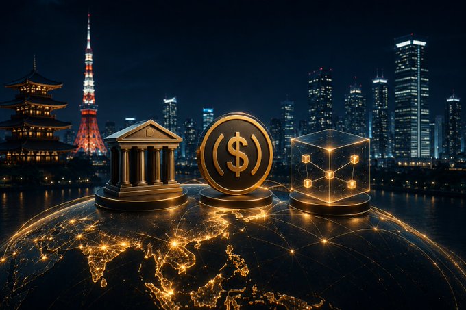 A futuristic financial graphic showing a classical bank building, a dollar sign coin, and a blockchain cube hovering over a glowing world map, with Tokyo Tower and a modern skyline at night.