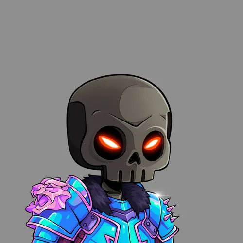 A cartoonish skeletal figure with glowing red eyes and futuristic purple-and-teal spiked armor is depicted against a gray background. The menacing, stylized character visually represents the "#DropDedGorgez" NFT character referenced in the post celebrating the sale of "Gorgez 8870" for 0.03 ETH.