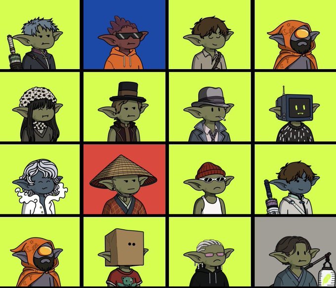 A 4x4 grid of cartoon elf-like characters with various accessories and outfits (sunglasses, top hats, samurai attire, diving helmets, etc.) displayed against colored backgrounds, representing a collection of 7,777 NFT characters being minted on August 29th, with the characters serving as the art for the upcoming free or low-cost mint.