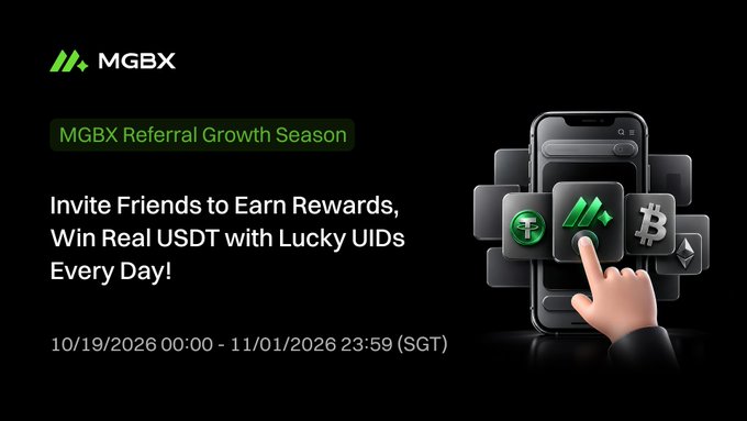 MGBX promotional banner for 'MGBX Referral Growth Season', offering rewards for inviting friends to earn real USDT with lucky UIDs from 10/19/2026 to 11/01/2026.