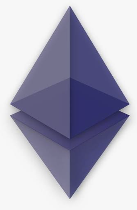 The purple Ethereum (ETH) logo, a 3D octahedral shape, is displayed against a white background.