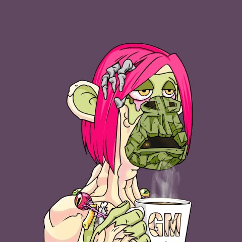 The image features a cartoon character with pink hair wearing a green mask that covers their face. The character has a cup of coffee in one hand and a keychain in the other. The caption reads "Gm and Happy Mutant Monday! Man, Bitcoin is looking ugly today. Saylor sold a bit, everybody freaking out Carry on, have a gorgeous day".