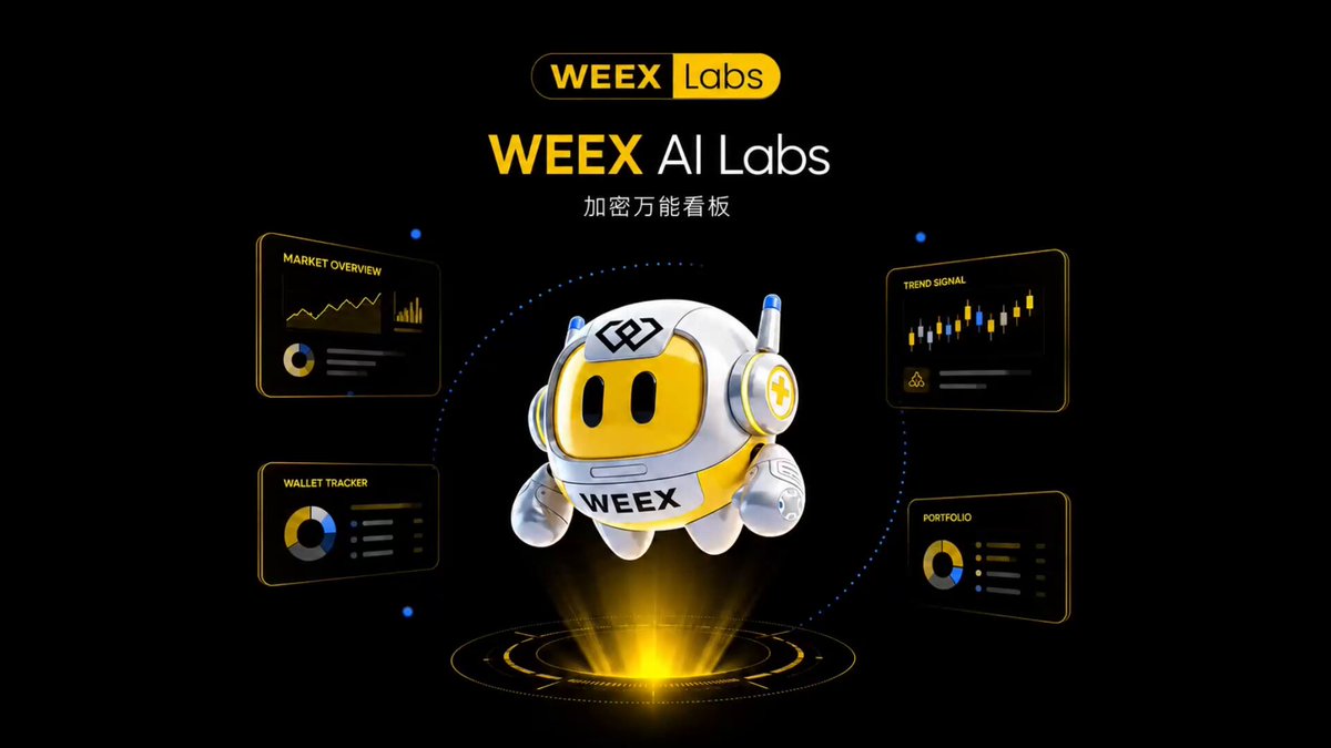 The image shows a promotional poster for Weekx Labs that showcases an AI robot named WEXAILabs. The robot is depicted in action within the center of the image, surrounded by various data analysis tools such as graphs and icons. The robot's design is visually appealing, with white body and yellow accents. The post about this new tool is titled "New practical tool launch! @WEEXAILabs Crypto All-in-One Dashboard integrates full-dimensional market info - say goodbye to switching between multiple apps. First batch of beta testers now recruiting fiercely - participate in interactions as required, win 88 USDT rewards - don't miss". The poster appears to be set against a dark background that makes the colors of WEXAILabs and its promotional tools stand out prominently.