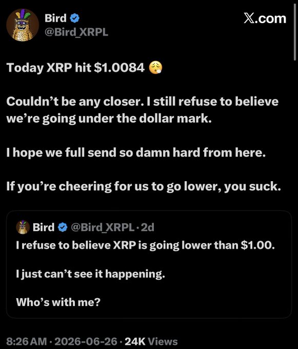 A tweet from @Bird_XRPL shows XRP at $1.0084, with the user expressing refusal to believe it will drop below $1.00, quoting a 2-day-old post saying "I refuse to believe XRP is going lower than $1.00." The post from @XRPunkz questions whether lower lows should be expected for $XRP, contrasting with Bird's hopeful stance that the cryptocurrency will hold above the dollar mark.