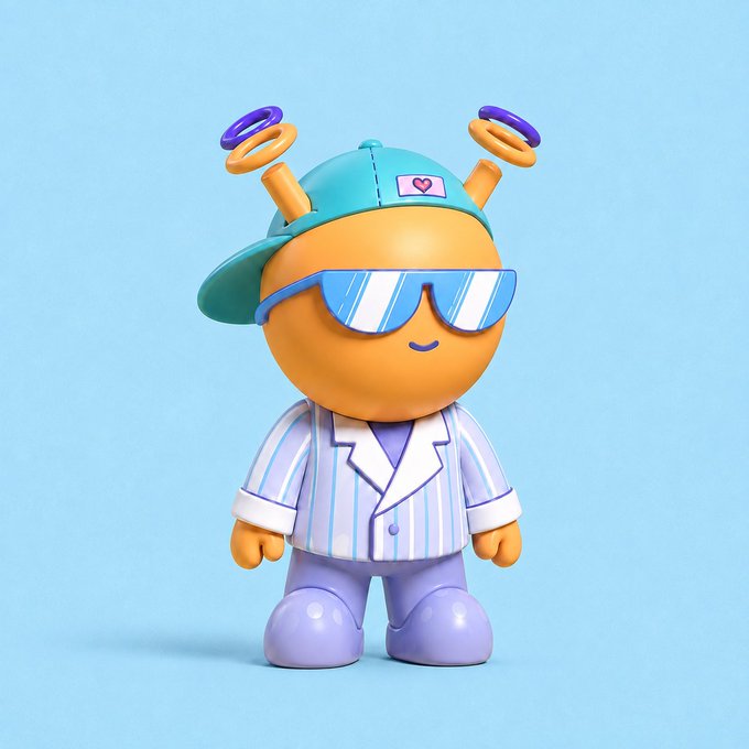 A 3D-rendered cartoon character featuring an orange spherical head wearing a teal cap, blue sunglasses, and a striped blazer, with two antennae topped with purple and orange rings.