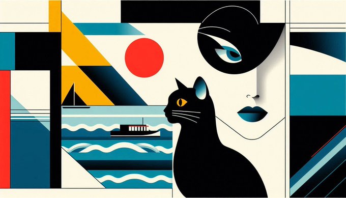 A stylized geometric digital artwork featuring a large black cat with striking yellow eyes alongside a woman's face with blue eyes, set against a Bauhaus-inspired background of bold shapes, a red sun, and stylized ocean waves with boats. The composition complements the post's theme, as the artwork appears to be the "Cat and Girl" piece referenced in the caption, available for collection on objkt.com.