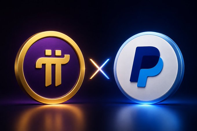 Two glowing 3D cryptocurrency-style coins—one purple featuring the Pi Network (π) symbol and one white featuring the PayPal "P" logo—face each other with an "X" between them, visually representing the speculated Pi Network and PayPal partnership referenced in the post.