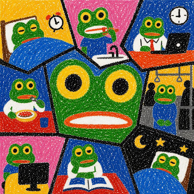 A colorful, childlike illustration of a green frog depicted in various daily life scenes including brushing teeth, working on a laptop, eating, and sleeping, arranged in a comic-style grid.