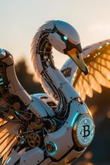A metallic robotic swan/mechanical bird with glowing teal accents and a 'B' logo on its chest, featuring golden wings against a sunset background.