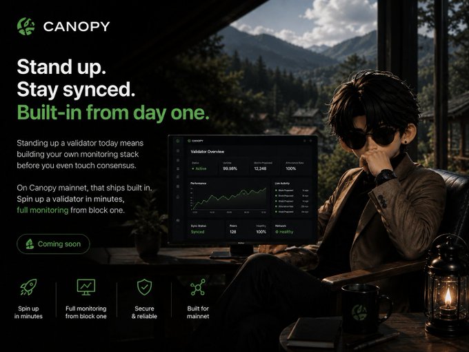 A promotional banner for 'CANOPY' featuring an anime-style character with sunglasses, advertising a validator service with the tagline 'Stand up. Stay synced. Built-in from day one.'