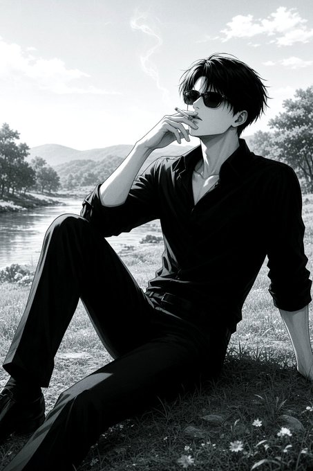 A black and white manga-style illustration of a young man with dark hair and sunglasses sitting outdoors in black clothing, smoking a cigarette, with a scenic landscape of water, hills, and trees in the background.