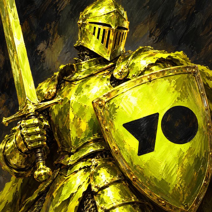 A painted artwork of a golden knight in shining armor holding a sword and shield, with a black triangle and circle on the shield's design.