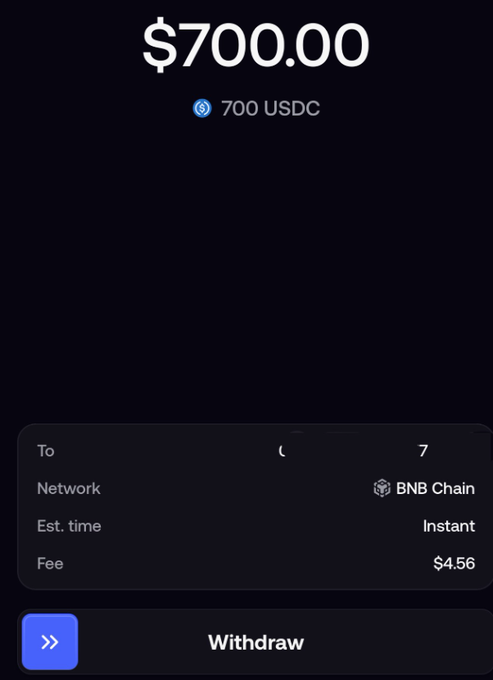 A crypto withdrawal confirmation screen showing $700.00 (700 USDC) being sent via BNB Chain network with an "Instant" estimated time and a $4.56 fee. The image illustrates the poster's complaint about the high network fees incurred when withdrawing funds through BNB Chain.