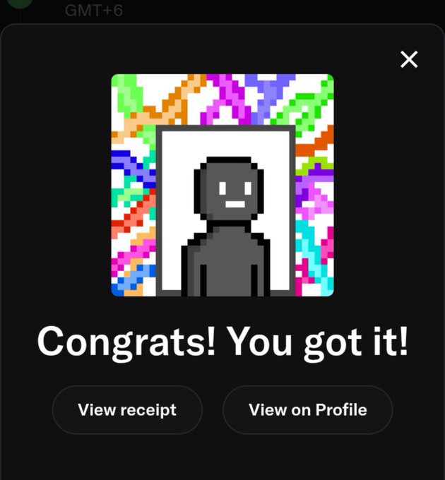 A dark-themed confirmation screen displaying a colorful pixel art NFT of a figure with 'Congrats! You got it!' message, along with 'View receipt' and 'View on Profile' buttons.