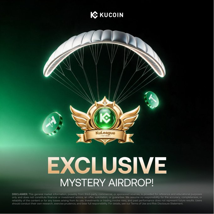 The image is a KuCoin promotional graphic announcing an "EXCLUSIVE MYSTERY AIRDROP!" featuring a golden winged KuLeague "Hall of Fame" badge descending on a parachute alongside KCS tokens. It ties to the post's call to follow KuCoin for official launch and preheat social event updates for the KuTr Alliance campaign.