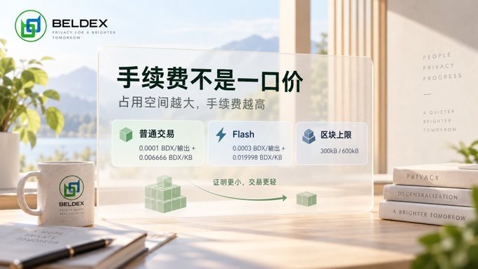 A BelDex promotional graphic with Chinese text '手续费不是一口价' explains transaction fees, comparing '普通交易' (0.0001 BDX/输出 + 0.006666 BDX/KB) with 'Flash' (0.0003 BDX/输出 + 0.019998 BDX/KB).