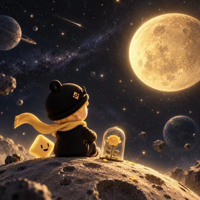 A cute bear-like character in a black hoodie sits on a moonlit asteroid alongside a smiling diamond mascot and a rose preserved under a glass dome, gazing at a glowing full moon in a starry cosmic scene. The whimsical space imagery ties into the Mid-Autumn Festival theme, pairing BNB branding with the poetic message that while others admire the moon in the sky, the author admires their own "bright moon" in their heart—symbolized by the treasured rose in the dome.