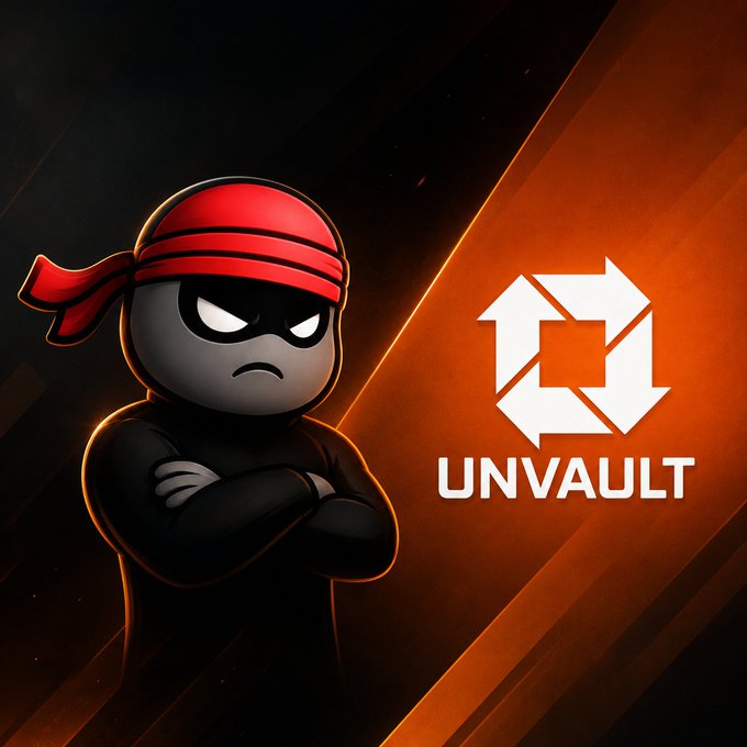 A stylized character resembling a ninja in black with a red bandana, arms crossed, next to the 'UNVAULT' logo on an orange and black background.