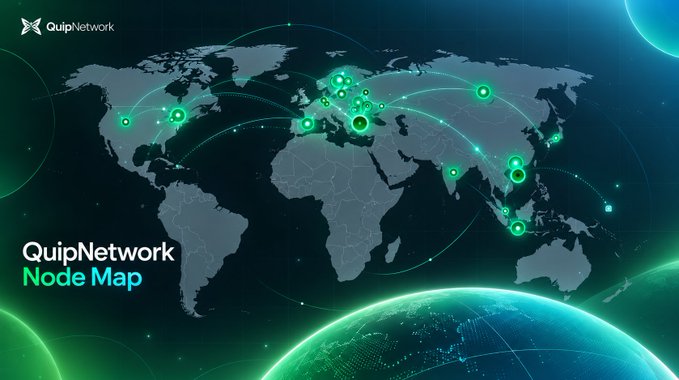 A world map titled 'QuipNetwork Node Map' shows green glowing dots connected by lines across various continents, representing network nodes.