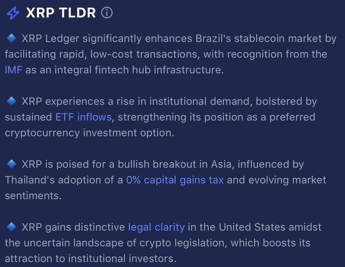 A "XRP TLDR" infographic summarizing key updates for XRP, highlighting its role in Brazil's stablecoin market, institutional demand and ETF inflows, potential bullish breakout in Asia due to Thailand's 0% capital gains tax, and growing legal clarity in the United States—reinforcing the $XRP daily update with bullish fundamentals.