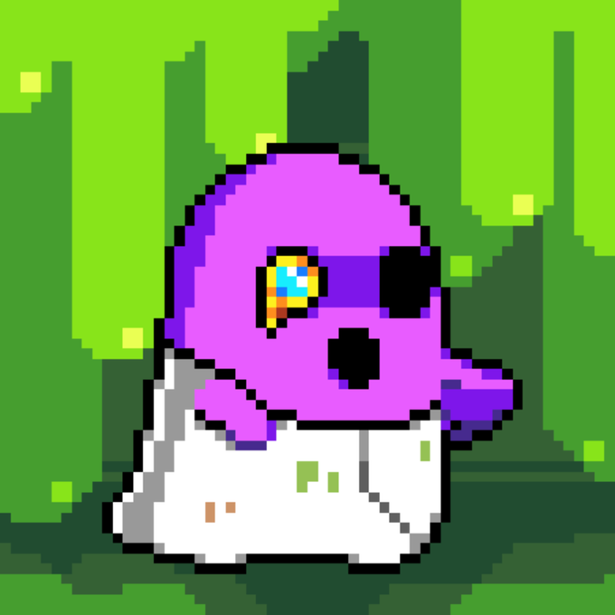 A pixel-art style illustration of a small purple character with a single eye, sitting on a white base against a green background.