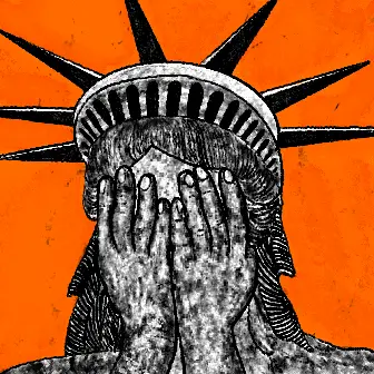 A person covers their face with both hands in front of the Statue of Liberty's crown, rendered in stark black and white against a vivid orange background. The image visually echoes the post's "PERSONA #301" theme, evoking themes of identity, anonymity, and perhaps the burden of American ideals.