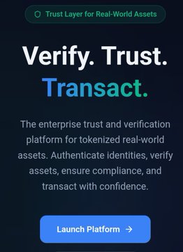 A promotional graphic with text reading 'Verify. Trust. Transact.' and 'Trust Layer for Real-World Assets,' describing an enterprise trust and verification platform for tokenized real-world assets, with a 'Launch Platform' button.
