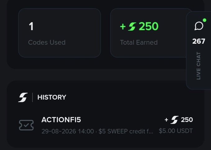 The image shows a Sweep Finance dashboard displaying 1 code used, 250 SWEEP total earned (~$5.00 USDT), and a history entry showing the "ACTIONFI5" promo code redeemed on 29-08-2026, confirming successful claim of the FCFS free $5 reward.