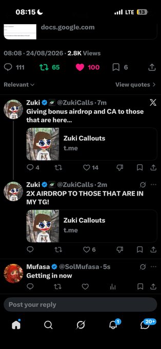 A Twitter/X thread screenshot from user 'Zuki' (@ZukiCallouts) promoting airdrops and CA calls, showing posts from 7m and 2m ago with engagement metrics.
