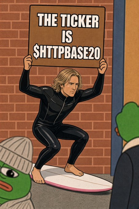A digital illustration of a blonde-haired character in a black bodysuit surfing on a pink surfboard while holding a cardboard sign reading 'THE TICKER IS $HTTPBASE20' against a brick wall background.