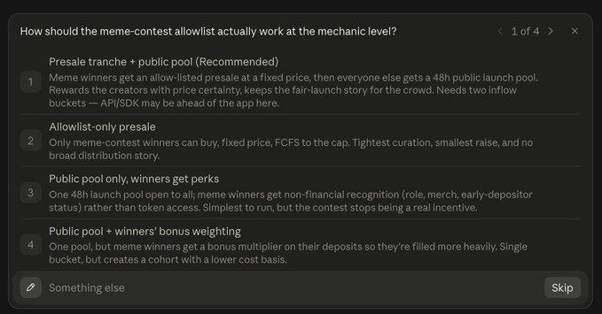 A poll titled 'How should the meme-contest allowlist actually work at the mechanic level?' presenting four options about presale tranches and public pools.