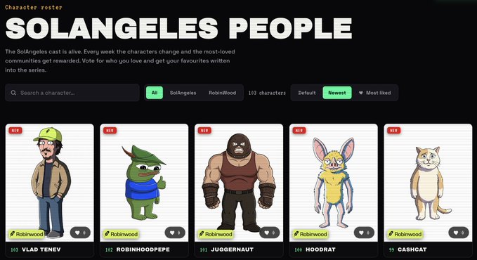 A screenshot of the "SolAngeles People" character roster displays a lineup of community mascots including Vlad Tenev, Robinnoodepe, Juggernaut, Hoodrat, and Cashcat, each tagged as Robinwood characters and ranked among the top 193 memecoin-inspired personalities tied to the Solana city theme.