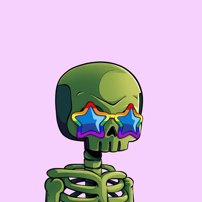A digital illustration of a green skeleton wearing rainbow-colored star-shaped sunglasses against a light purple background.