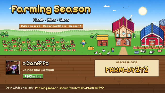 A promotional graphic for the game 'Farming Season' features pixelated graphics with the subtitle 'Plant • Mine • Earn' and shows a referral code 'FARM-DY2T2' alongside a waitlist sign-up message.