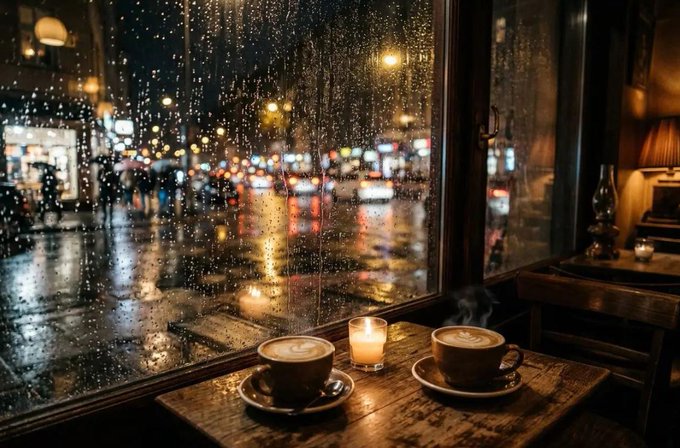 A cozy café scene featuring two cups of coffee and a lit candle on a wooden table by a rain-streaked window, with blurred city lights and traffic visible outside at night.