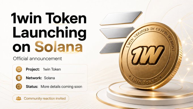 A promotional graphic announcing '1win Token Launching on Solana' featuring a gold coin with the '1WIN' logo and the Solana symbol, with text noting '1win Token' network as Solana and status 'More details coming soon'.