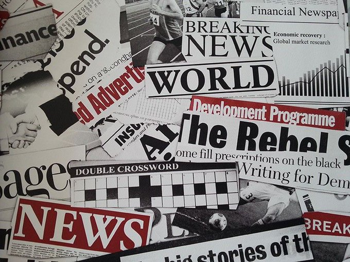 A collage of various newspaper clippings with headlines such as 'BREAKING NEWS', 'WORLD', 'NEWS', 'Double Crossword', and 'Development Programme'.
