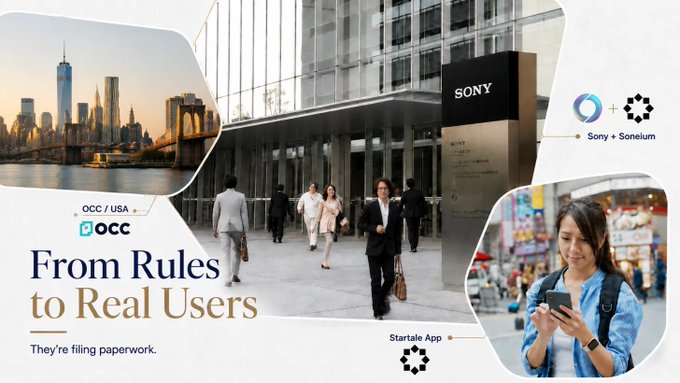 A marketing graphic featuring the New York skyline, a Sony office building, and a woman using a smartphone, with text highlighting 'OCC / USA', 'From Rules to Real Users', 'They're filing paperwork', 'Sony + Sonelum', and 'Startale App'.