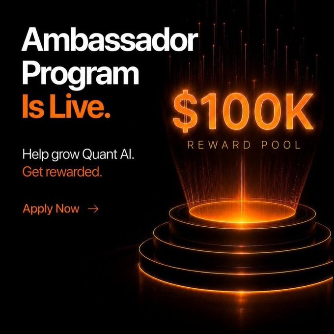 The image features an advertisement for a program called "AMBASSADOR PROGRAM IS LIVE." The poster displays a large orange glow coming from a stack of books with the text "AMBASSADOR" written above them, as well as the words "IS LIVE." Below this, there is a description of the program and its benefits. The poster also includes an offer for $100,000 to anyone who can explain why it matters that exactly what @tryquantio ai is doing with their new Quant AI Ambassador Campaign.