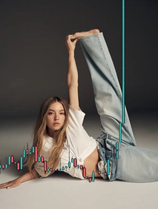 A young woman in a white t-shirt and jeans poses in a flexible acrobatic position against a gray backdrop, with a colorful stock market candlestick chart overlay rising across her body.