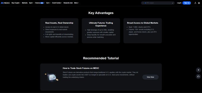 A screenshot of the MEXC exchange website highlighting 'Key Advantages' such as real assets and broad market access, alongside a 'Recommended Tutorial' on how to trade stock futures.